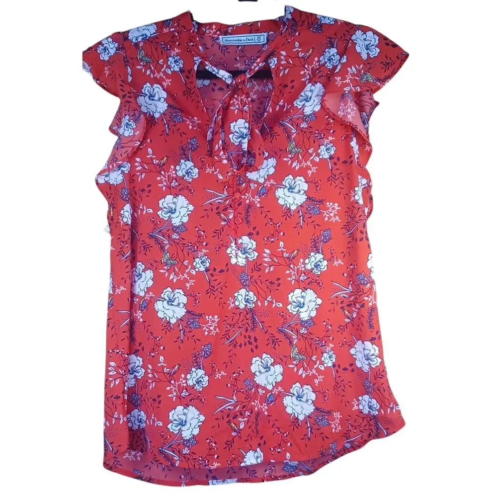 Abercrombie & Fitch Red Floral Tie Neck Blouse Medium Office Flutter Sleeve Top